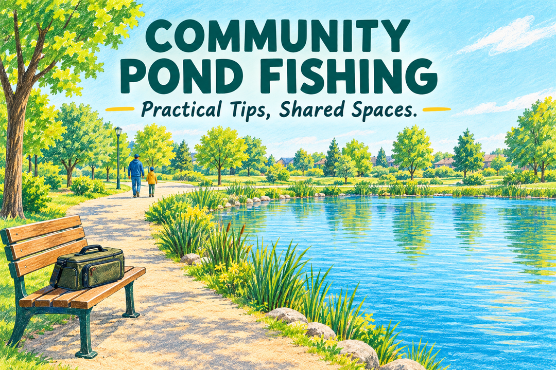 Community Pond Fishing English cover showing a bright illustrated park pond, walking path, bench and an adult with a child.