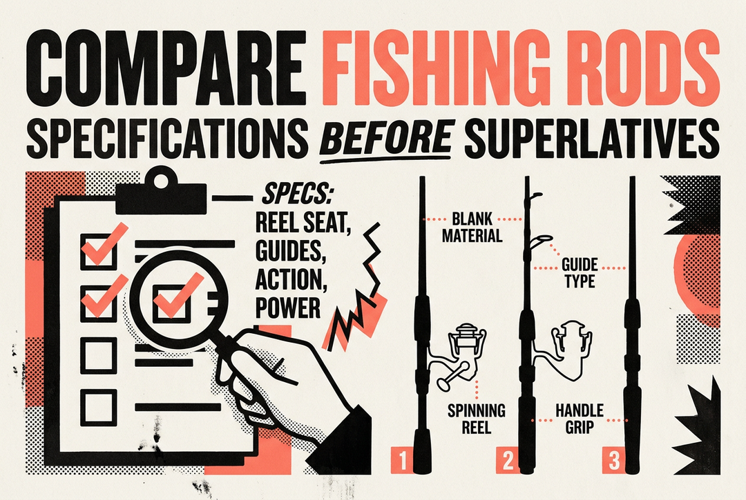Black, white and coral halftone editorial poster with a checklist, magnifier and generic rod silhouettes titled Compare Fishing Rods: Specifications Before Superlatives.