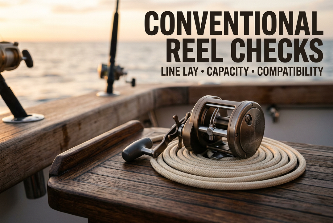 Photorealistic generated sunset boat scene with a generic conventional reel on coiled canvas, reading Conventional Reel Checks: Line Lay, Capacity, Compatibility.