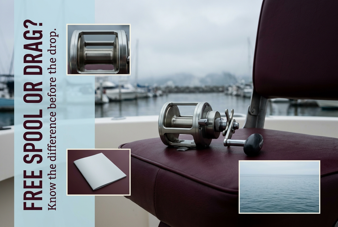 Stationary conventional fishing reel on a burgundy boat seat overlooking a harbor, with the headline Free Spool or Drag