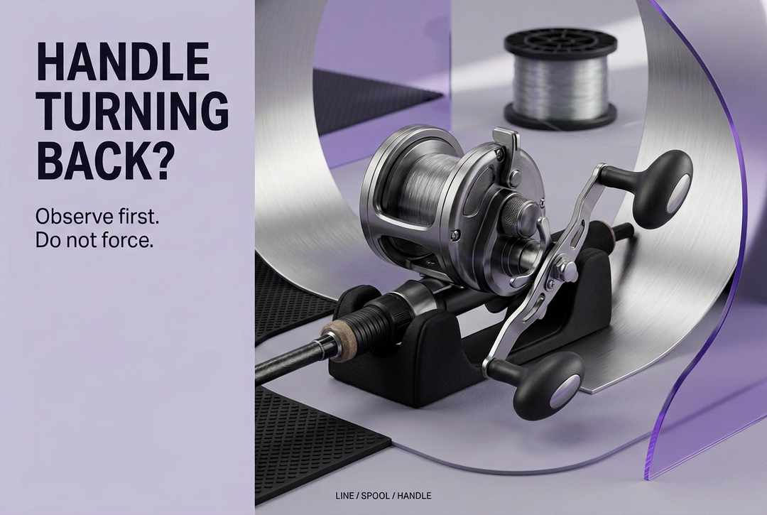 Conventional fishing reel and crank on a padded rod support against a silver and lavender background, headed Handle Turning Back?