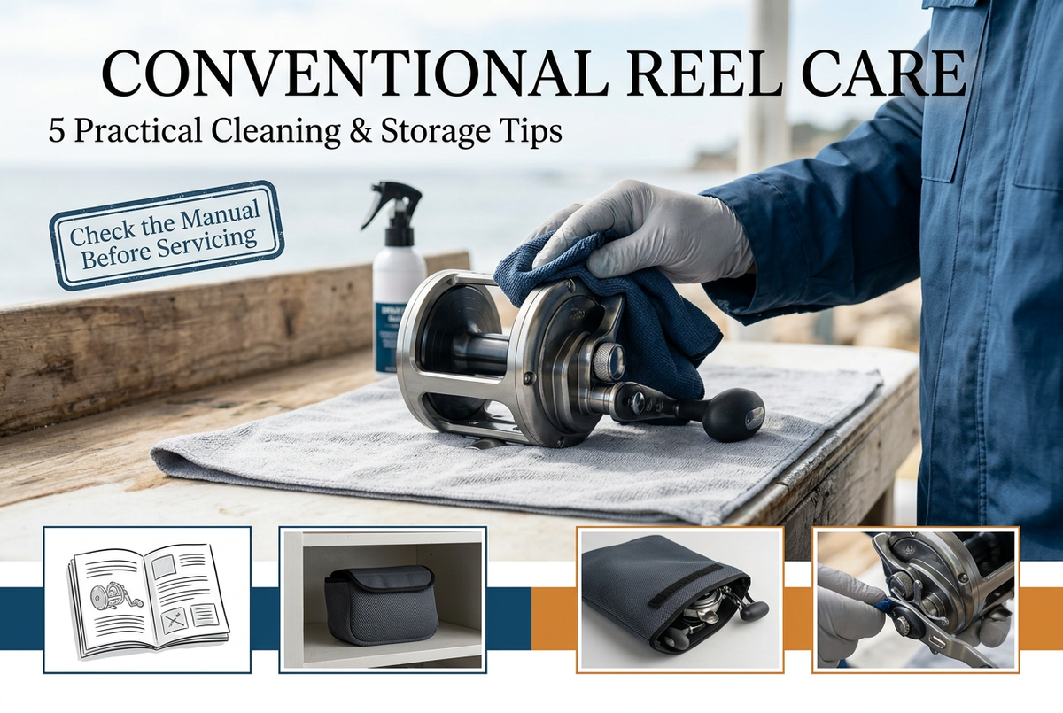Photo-style conventional reel care cover showing a closed overhead reel being wiped with a cloth, with manual, protective-case and inspection insets.
