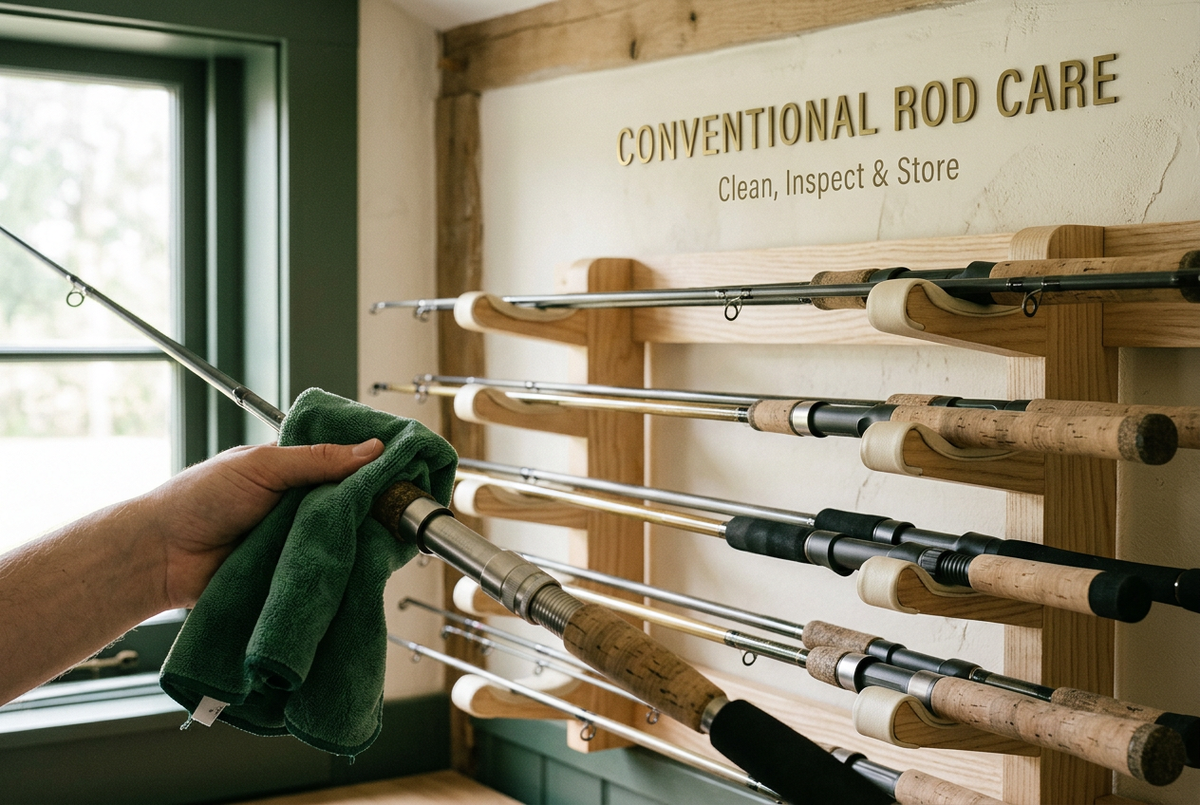 Conventional Rod Care cover showing a green cloth held around a generic rod beside a supported wooden rod rack in a window-lit room.