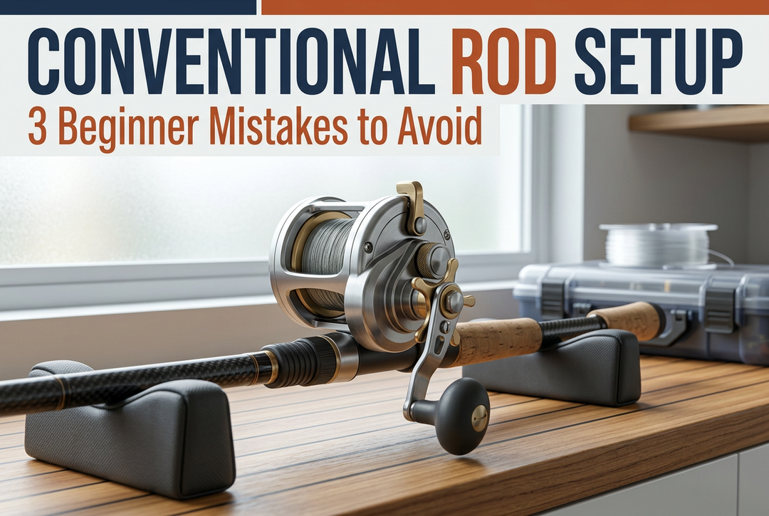 Conventional Rod Setup cover showing a generic conventional reel mounted on a rod resting in padded inspection cradles.