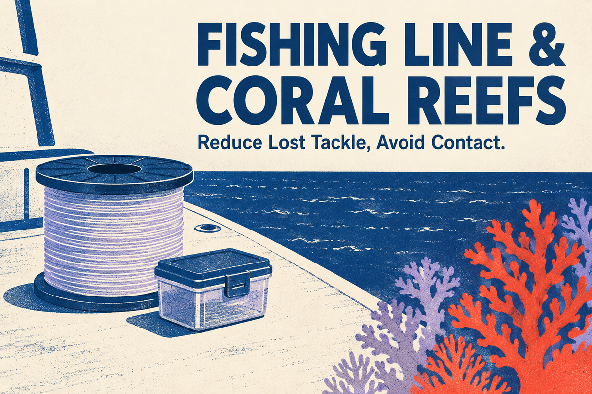 Fishing Line and Coral Reefs English cover showing a line spool and secured scrap container beside stylized coral silhouettes in a navy and vermilion print design.