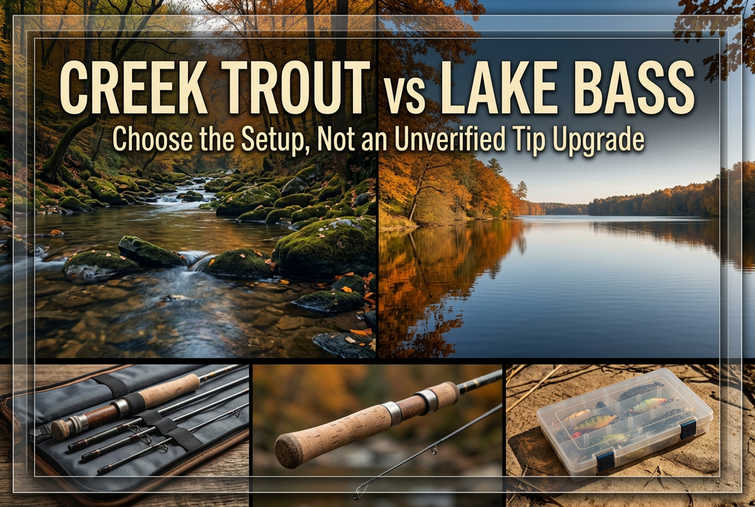 Creek Trout vs Lake Bass cover showing autumn forest-creek and lake panoramas above photographic-style panels of generic protected rod sections, cork grip and closed lure box.