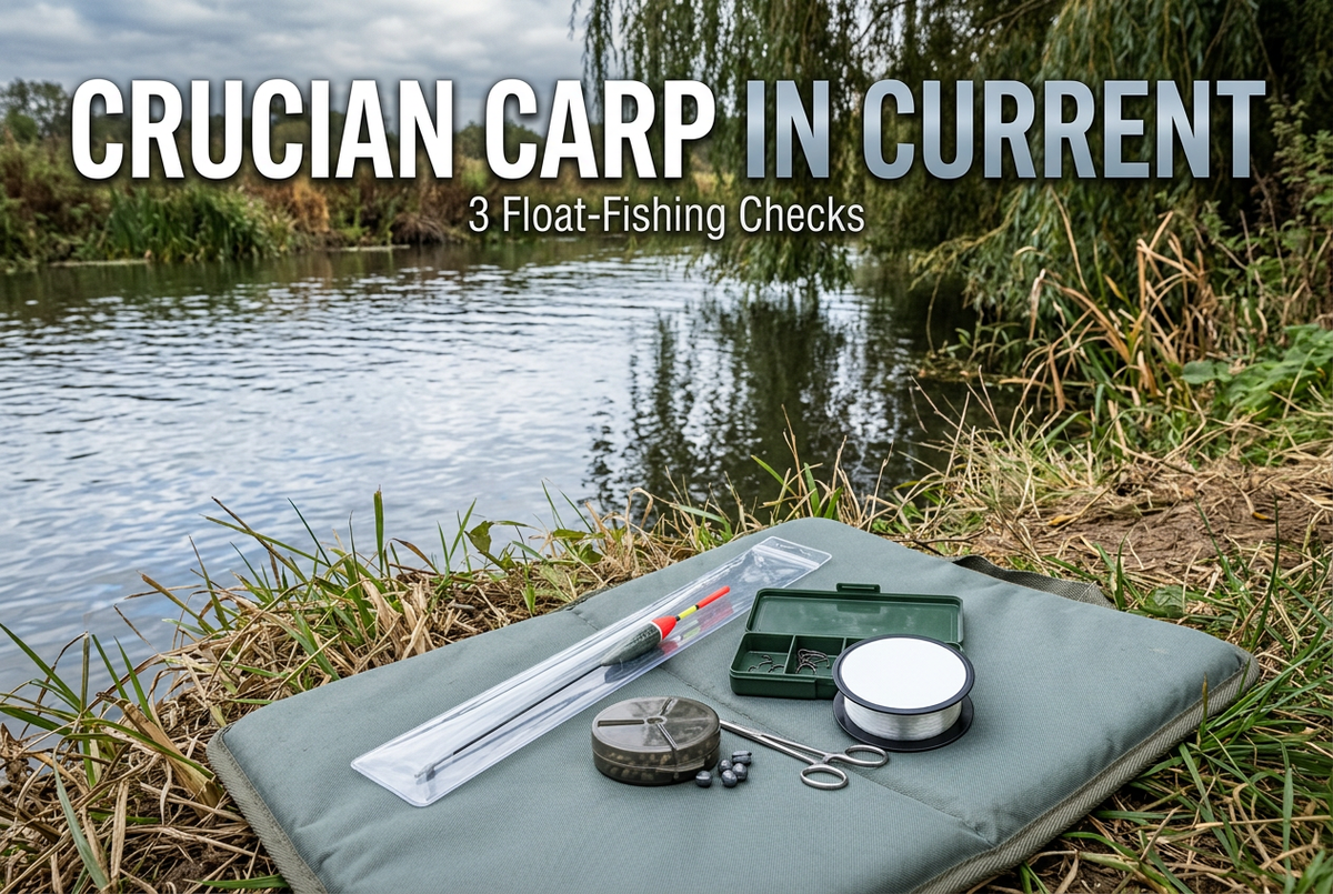 Crucian Carp in Current cover showing a protected generic float, tackle compartments, blank-label line spool and tools on a mat beside a vegetated river margin.