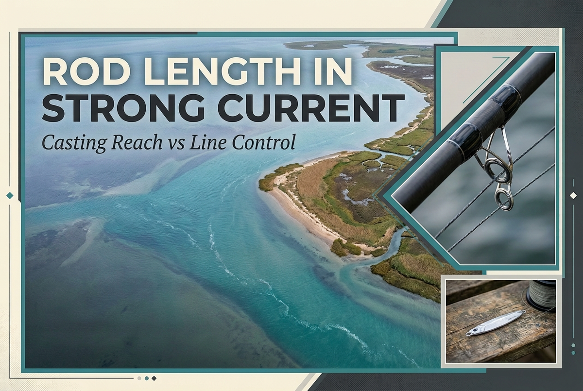 Rod length in strong current guide with an aerial-style tidal estuary scene and inset photographs of rod guides and a metal jig.