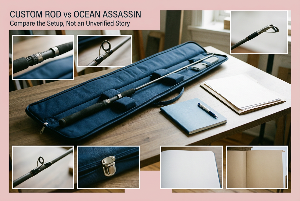 Custom Rod vs Ocean Assassin cover with generic protected rod in a blue case, blank notebook and folder, surrounded by photographic guide, fitting, latch and page detail panels.
