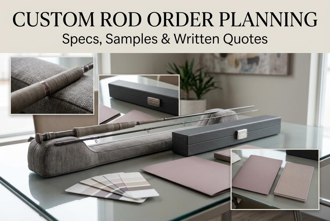 Custom Rod Order Planning cover showing generic unloaded rods on padding, blank folders, color cards and a closed case on a glass desk, with photographic detail panels.
