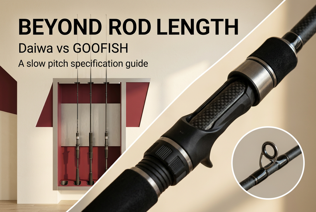 Beyond Rod Length editorial cover with generic rods on a studio display rack, a reel-seat close-up and a guide-ring inset for a Daiwa vs GOOFISH specification guide.