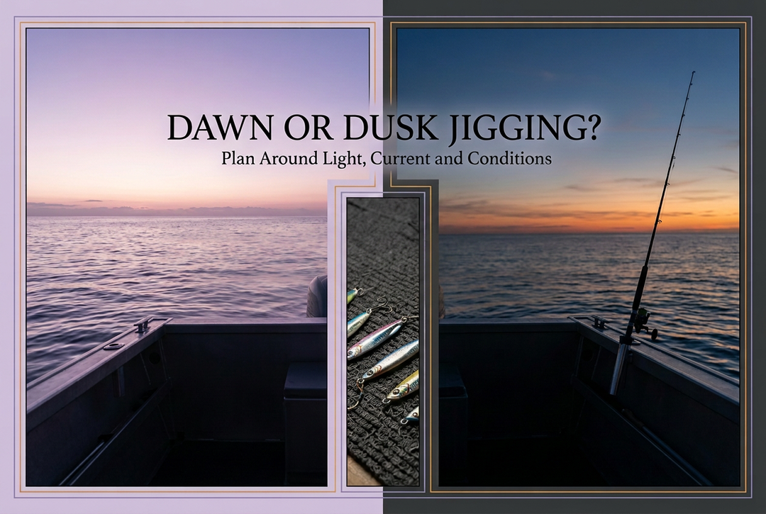 Dawn or dusk jigging guide with contrasting first-light and evening ocean views from a boat and a central close-up of metal jigs.