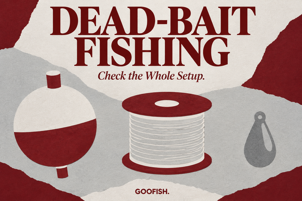 Dead-Bait Fishing editorial cover in burgundy and grey paper-collage style showing separate float, line spool and sinker symbols