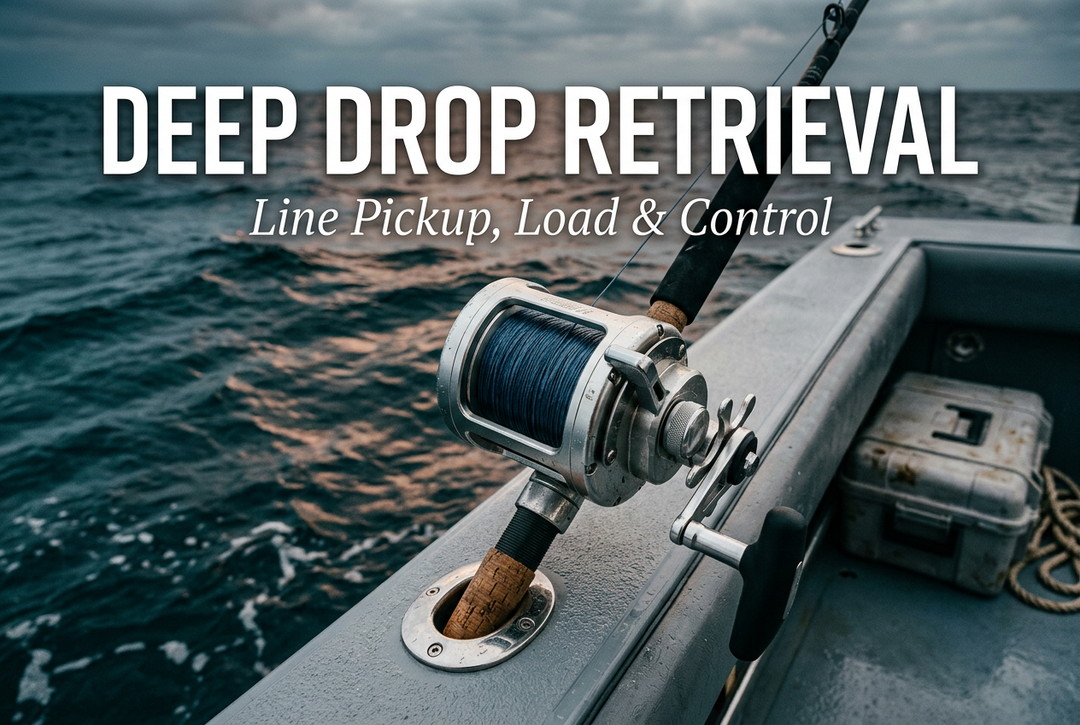 Deep Drop Retrieval cover showing a generic conventional reel mounted above a rod in a boat holder beside open water, a closed tackle case and rope.