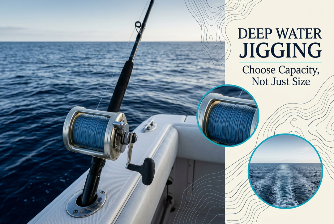 Deep water jigging capacity guide with a braid-filled conventional reel at an offshore boat stern and spool detail inset.