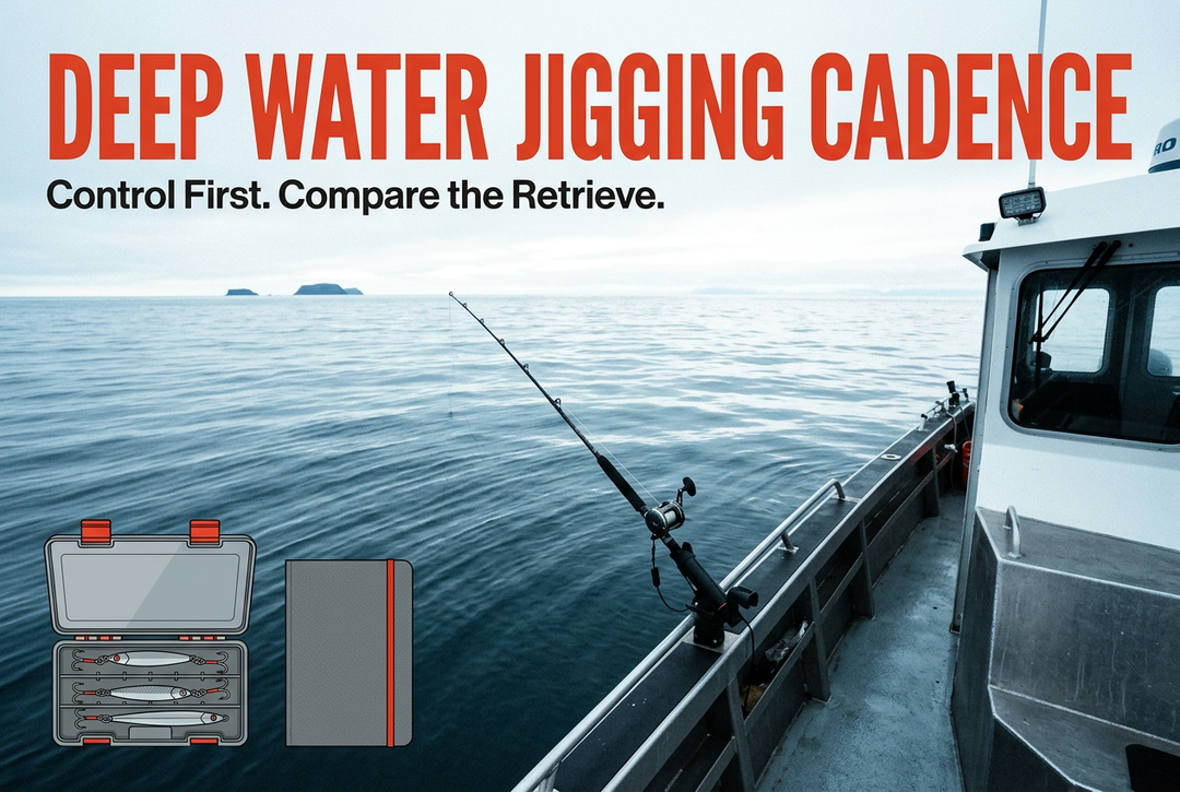 Boat rail with a secured rod over calm open water, tackle and notebook graphics beneath Deep Water Jigging Cadence and Control First Compare the Retrieve.