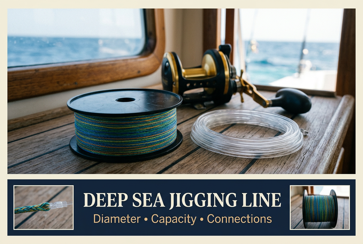 Deep sea jigging line guide showing a multicolor braid spool, clear leader coil and conventional reel beside a boat window.