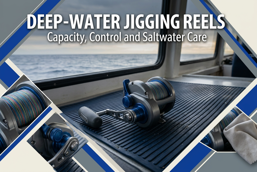 Deep-water jigging reel guide showing a conventional reel on a dry cabin mat with spool, handle and cleaning-cloth detail insets.