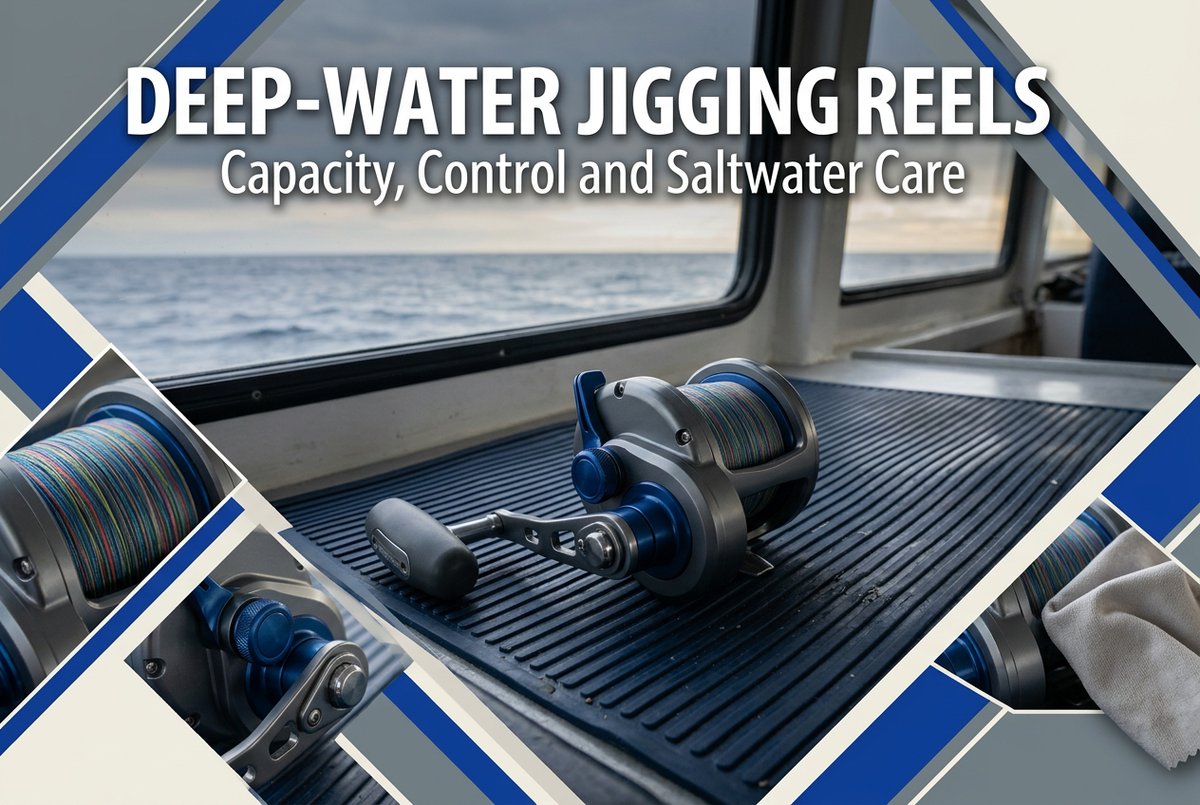 Deep-water jigging reel guide showing a conventional reel on a dry cabin mat with spool, handle and cleaning-cloth detail insets.