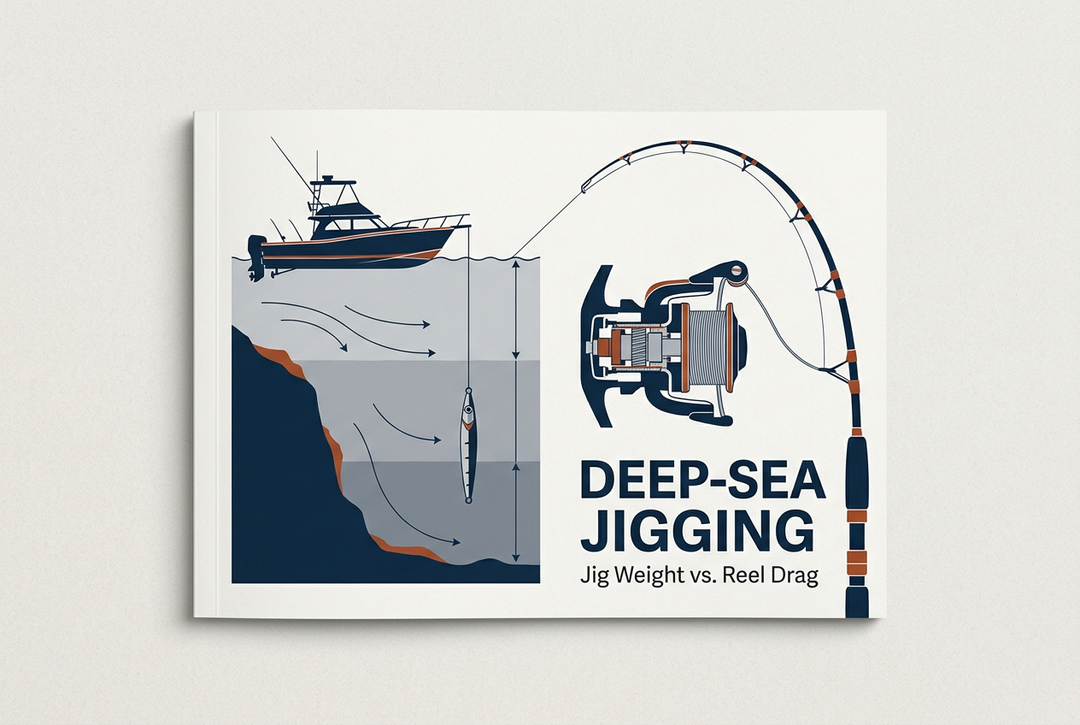 English deep-sea jigging illustration showing an offshore boat, metal jig, bent rod and reel beside the title Jig Weight vs. Reel Drag.