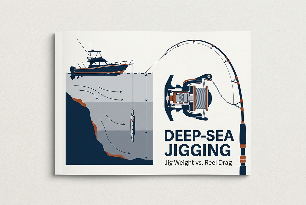 English deep-sea jigging illustration showing an offshore boat, metal jig, bent rod and reel beside the title Jig Weight vs. Reel Drag.