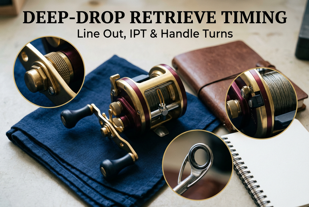 Deep-Drop Retrieve Timing cover with a generic gold-and-burgundy overhead reel on navy cloth, notebook and circular reel-knob, spool and guide detail photographs.
