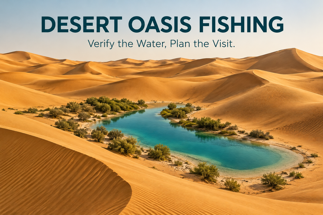 Desert Oasis Fishing English cover with a conceptual turquoise waterbody among ochre dunes and sparse vegetation, not a verified fishing location.