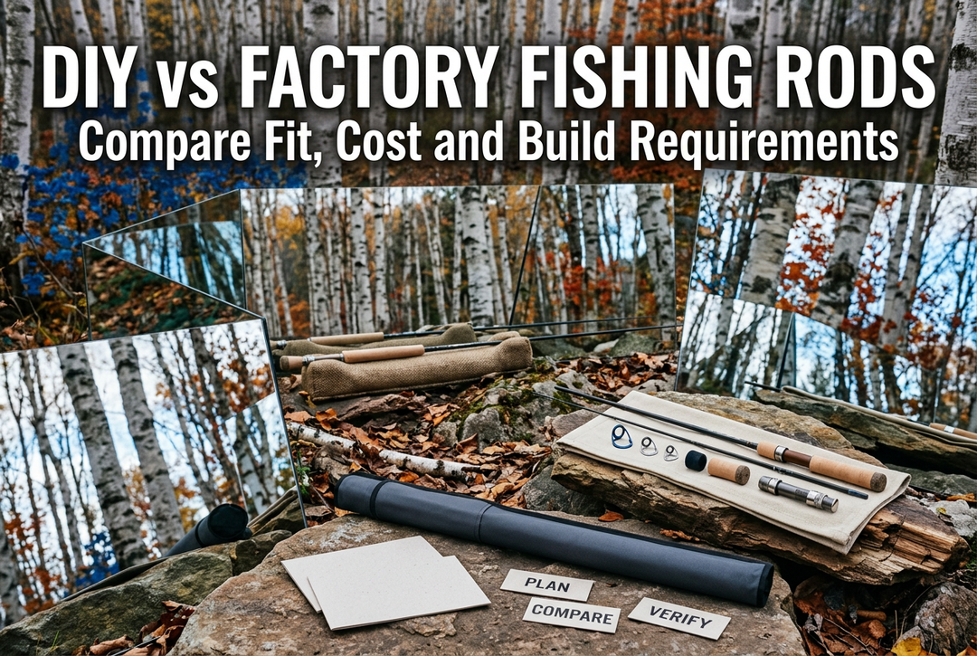 DIY versus Factory Fishing Rods concept cover with reflective geometric panels in an autumn birch setting, generic unloaded rod and component props, case and Plan, Compare, Verify cards.