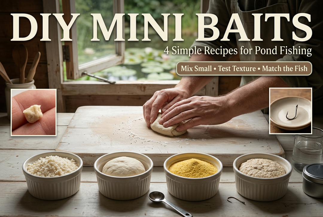 Photo-style DIY mini bait cover showing hands kneading dough, four ingredient bowls and hook close-ups at a wooden preparation bench.