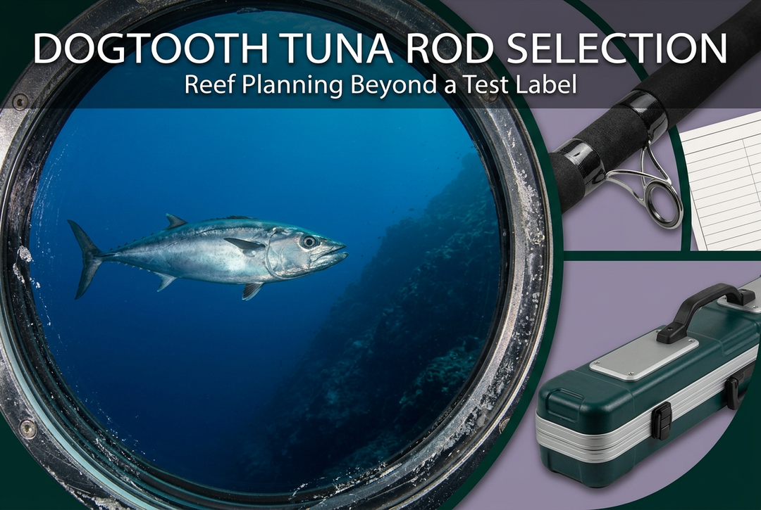 Dogtooth Tuna Rod Selection concept cover with a circular underwater-camera frame showing an AI photo-style silver tuna, alongside generic rod guide, notebook and closed case details.