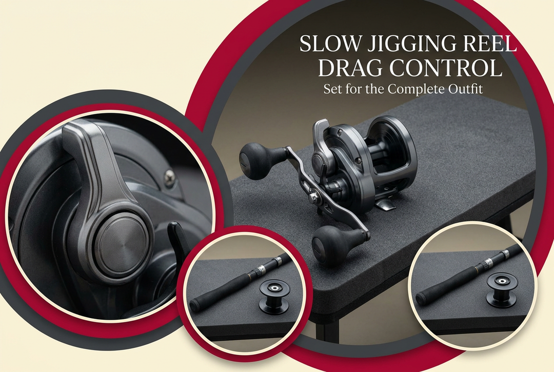 Slow jigging reel drag control guide showing a conventional reel and exterior control detail with an unloaded rod grip and line spool on dark padded surfaces.