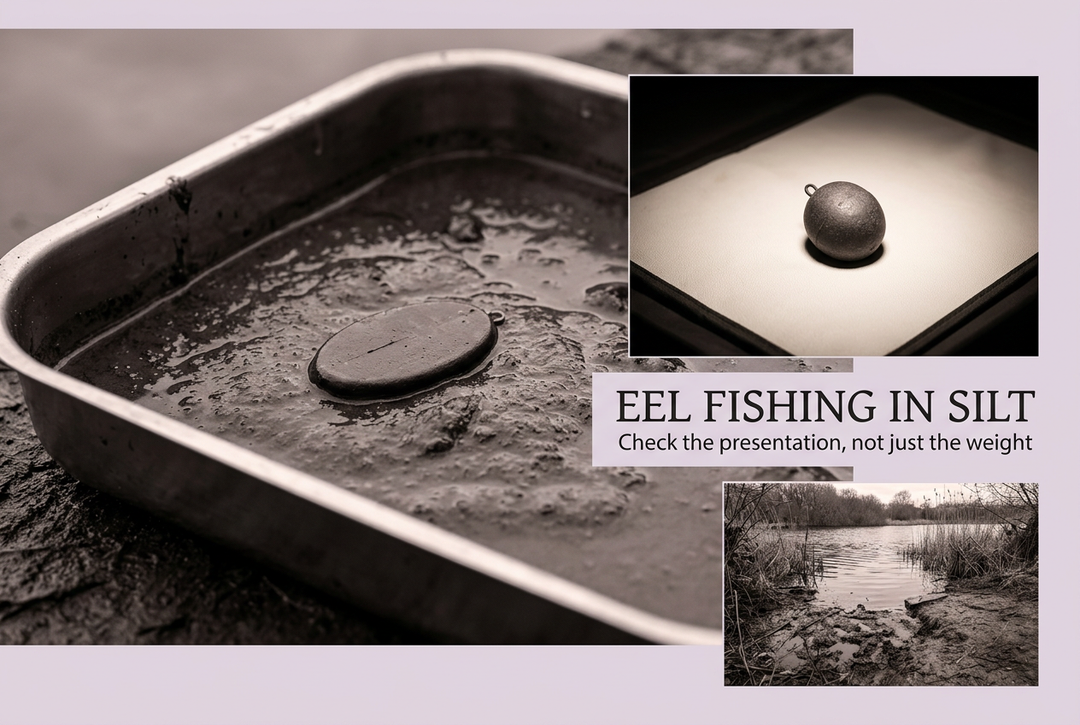 Flat oval fishing weight in a tray of damp silt, separate rounded weight and muddy shoreline inset, headed Eel Fishing in Silt.