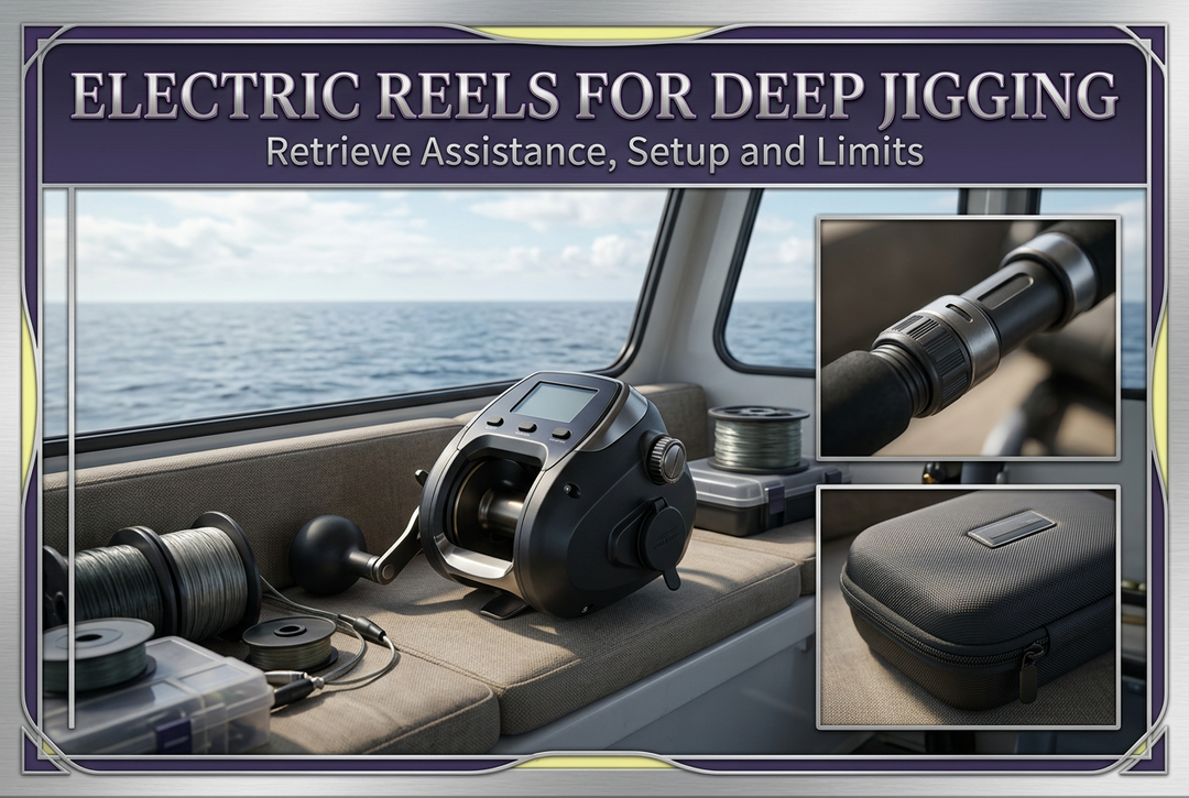 Electric deep jigging reel illustration on a padded boat cabin bench, with an unlit display, sea view and separate rod-seat and protective-case insets.