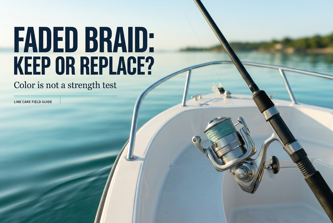 Spinning reel with pale turquoise braided line on a boat bow beneath the English title Faded Braid: Keep or Replace?