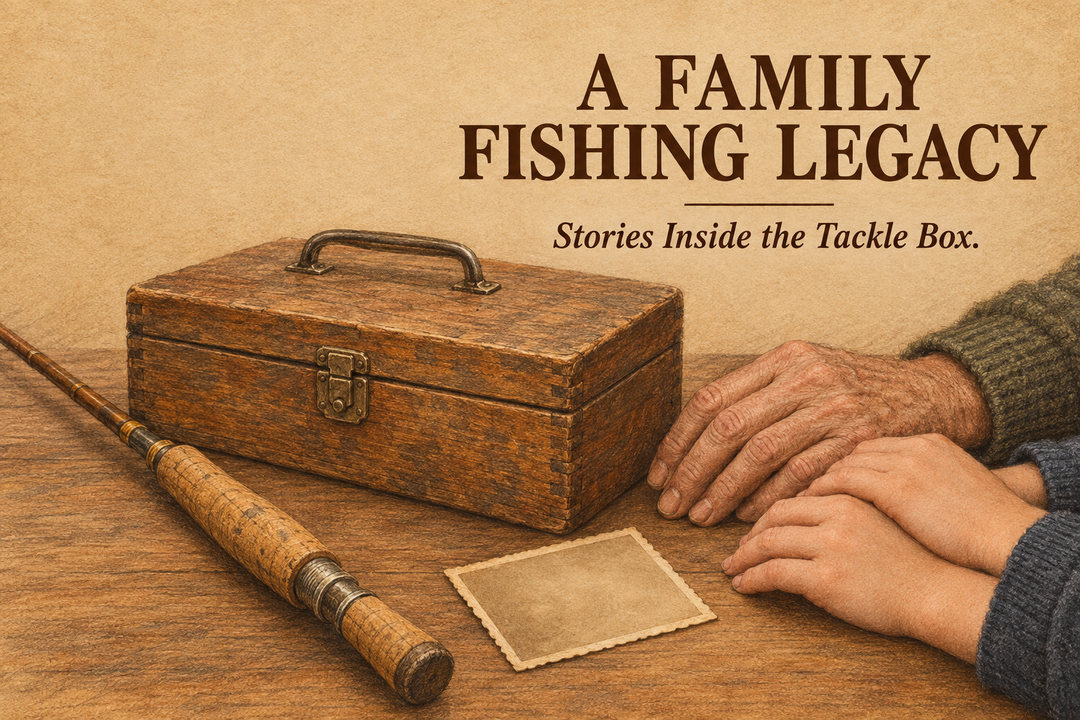 A Family Fishing Legacy cover with a wooden tackle box, cork-handled rod and older and younger adult hands illustrated in warm pencil tones.