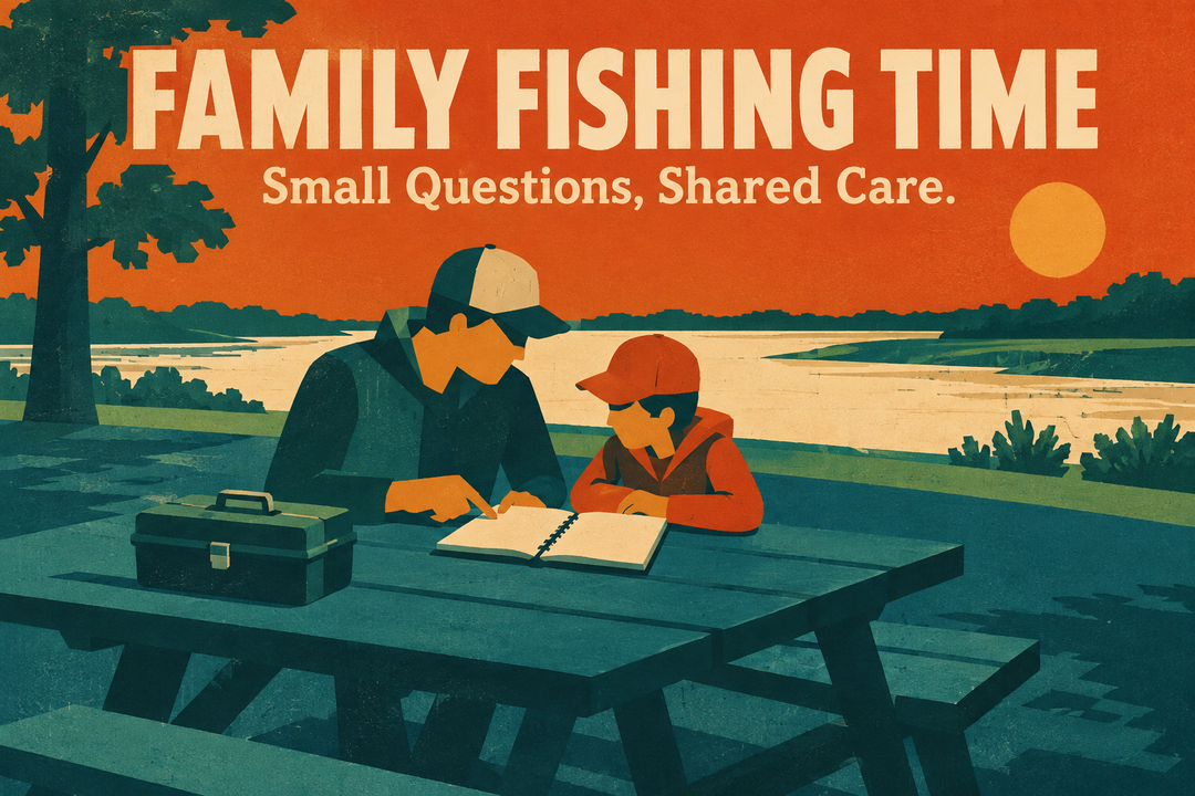 Family Fishing Time English cover showing an adult and child using a notebook at a picnic table with a closed tackle box in orange and teal woodblock style.