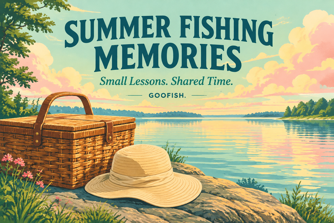 Summer Fishing Memories illustrated cover with a picnic basket and straw hat beside a lake in mint, coral and pale-yellow tones