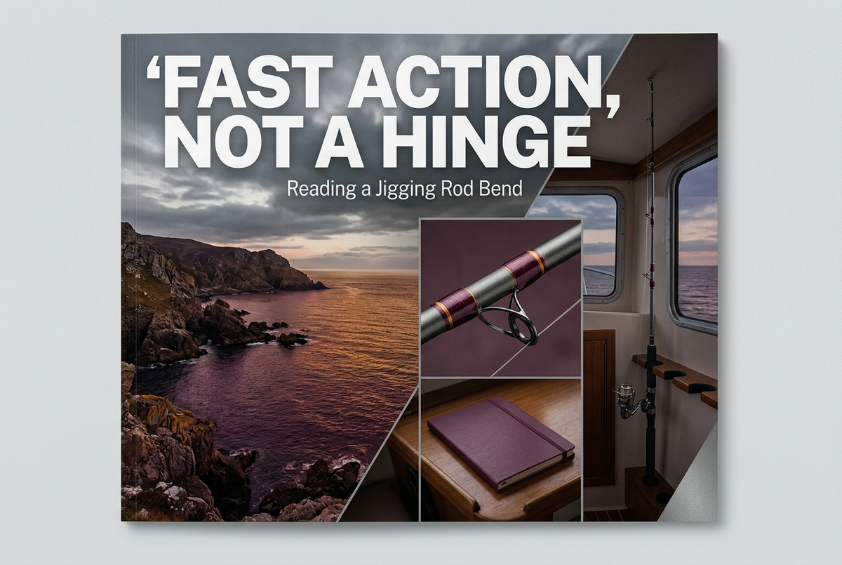Coastal cabin scene with stored fishing rod, guide-detail and notebook insets beneath Fast Action Not a Hinge and Reading a Jigging Rod Bend.
