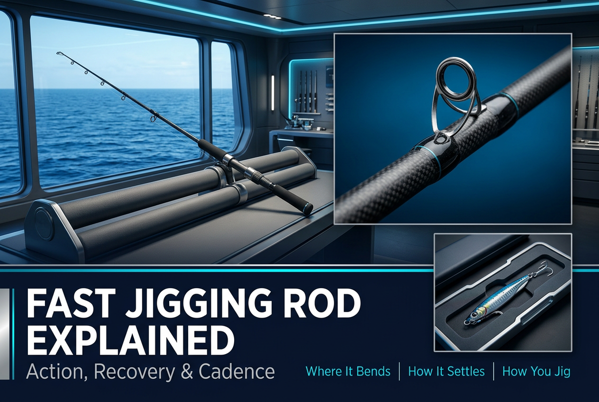 Jigging rod displayed beside a sea-view window with close-ups of a guide and metal jig, under the headline Fast Jigging Rod Explained.