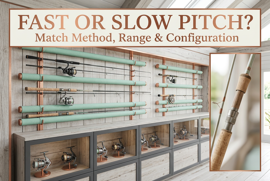 Fast or Slow Pitch cover showing generic rods on mint-coloured boathouse display rails, separate reels in cubbies and a tall grip-detail inset beneath an English headline.