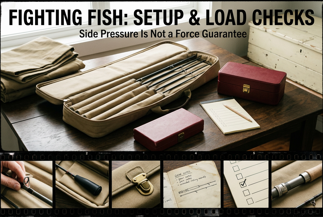 Fighting Fish Setup and Load Checks cover with generic protected rod sections in an open padded canvas bag, closed cases and checklist above a film-strip row of equipment detail photos.