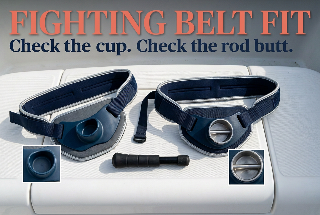 Two fishing fighting belts with plain and cross-pin cups beside a capped rod butt on a white boat deck, headed Fighting Belt Fit.
