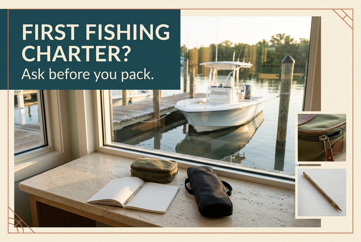 Marina booking-office scene with notebook, closed tackle bags and a moored fishing boat beneath First Fishing Charter? Ask before you pack.