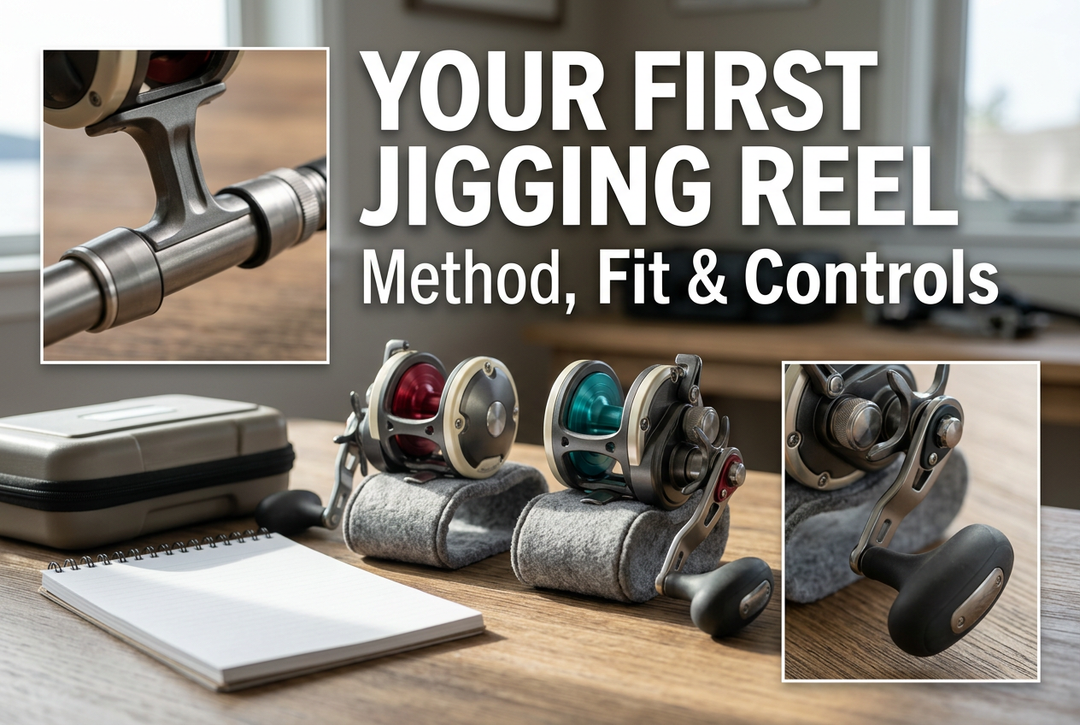 Your First Jigging Reel cover showing two generic overhead reels on padded supports, a notebook and tackle case, with foot and handle detail panels.