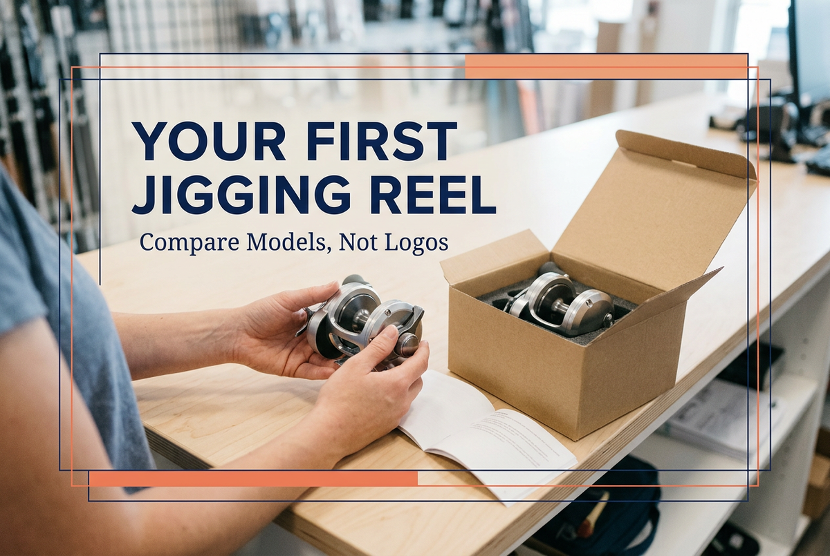 Your First Jigging Reel cover showing an adult examining a generic conventional reel at a bright counter, with another reel in a plain box and navy and coral framing.