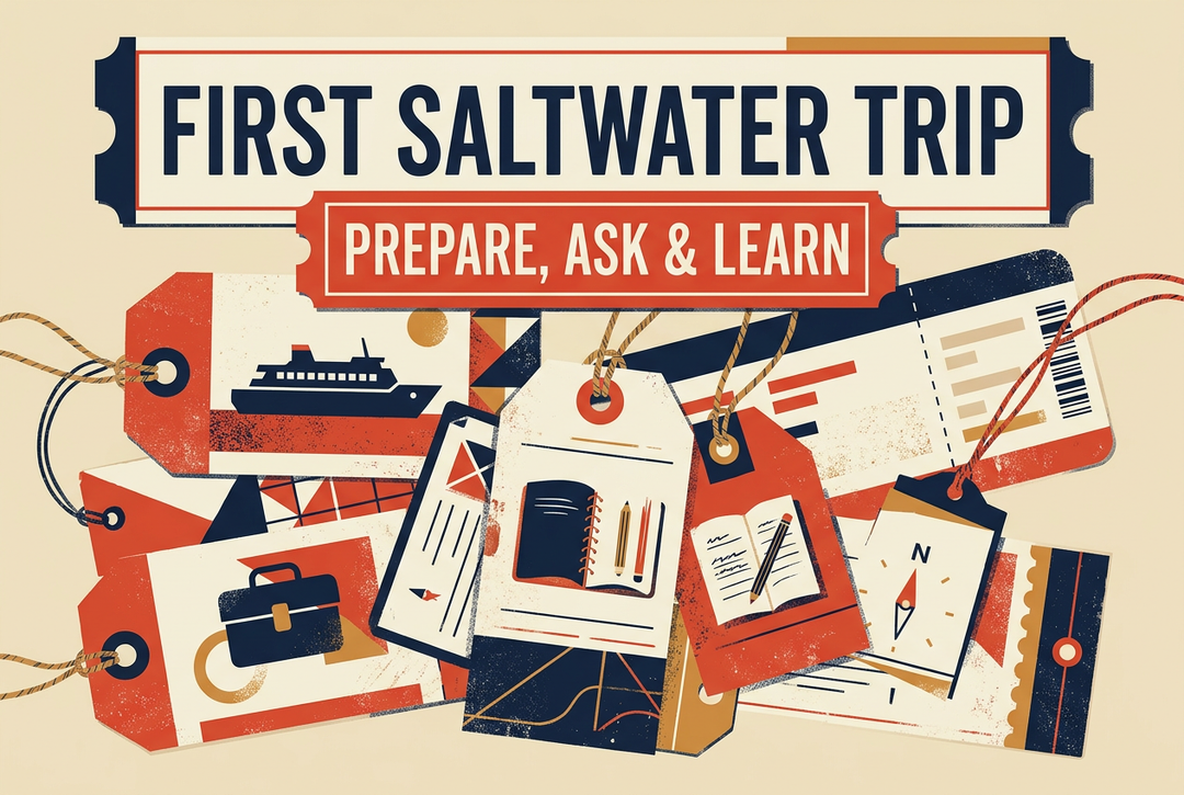Navy, red and cream travel-tag illustration with a generic boat silhouette, tackle case and notebooks beneath First Saltwater Trip: Prepare, Ask and Learn.