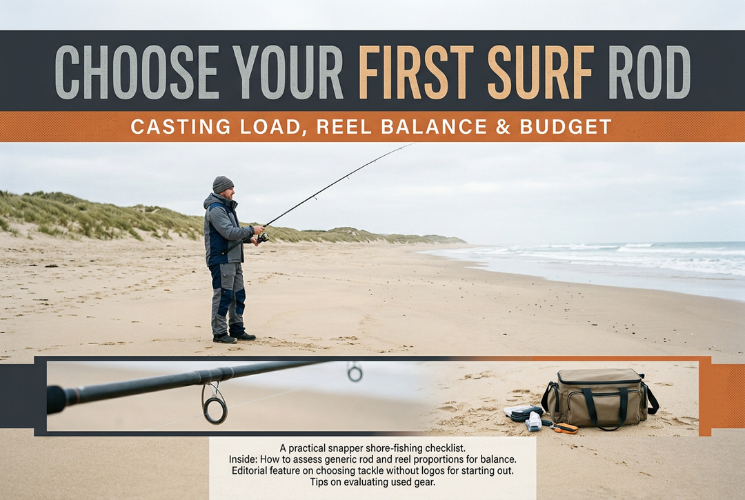 Photographic-style angler on a broad sandy beach with rod-guide and tackle-bag insets beneath the English headline Choose Your First Surf Rod.