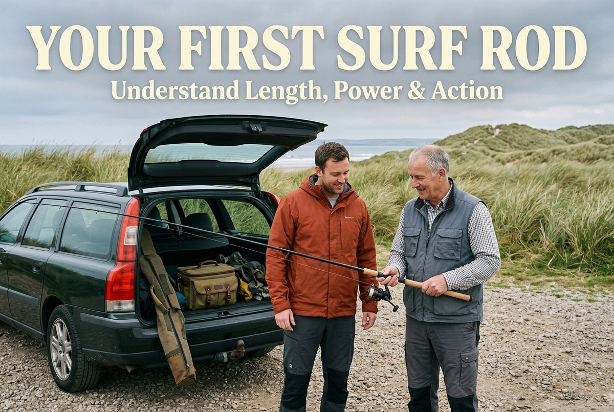 Two anglers comparing a rod grip beside an open car tailgate near coastal dunes, with English headline Your First Surf Rod.