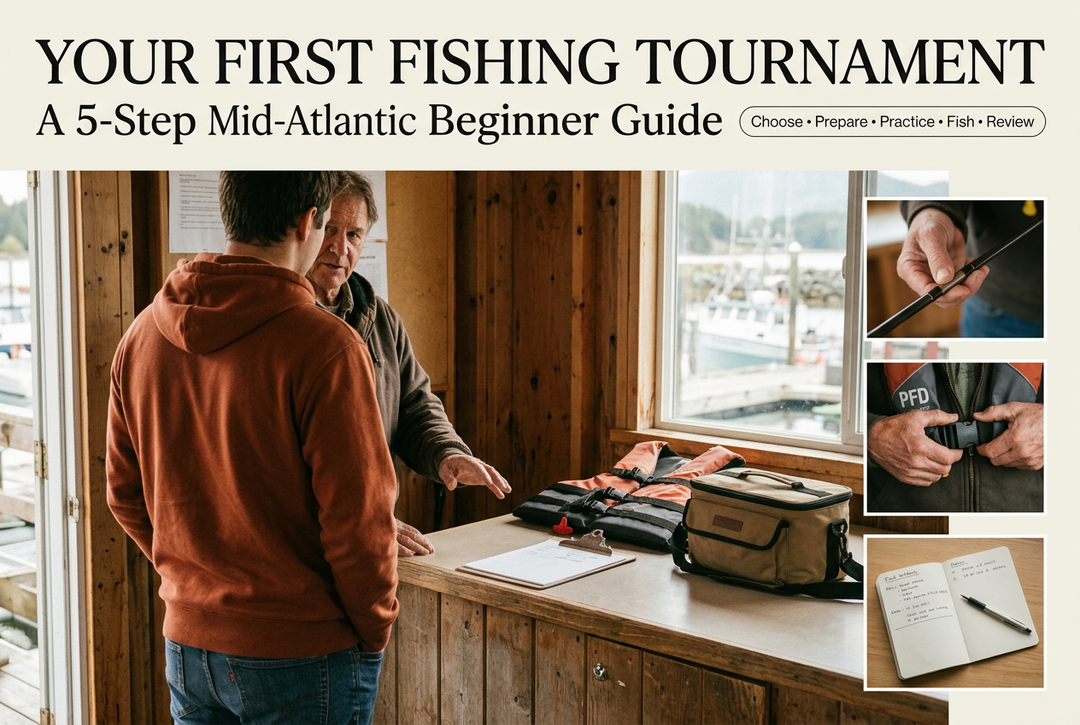 Photo-style beginner tournament cover showing an angler speaking with a mentor at a marina counter, with rod-check, life-jacket and notebook insets.