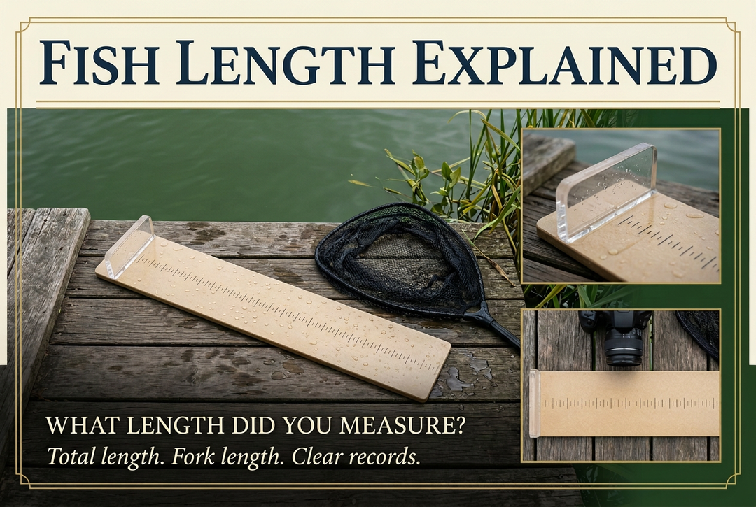 Empty fish measuring board, landing net and camera on a lakeside dock, with the heading Fish Length Explained.